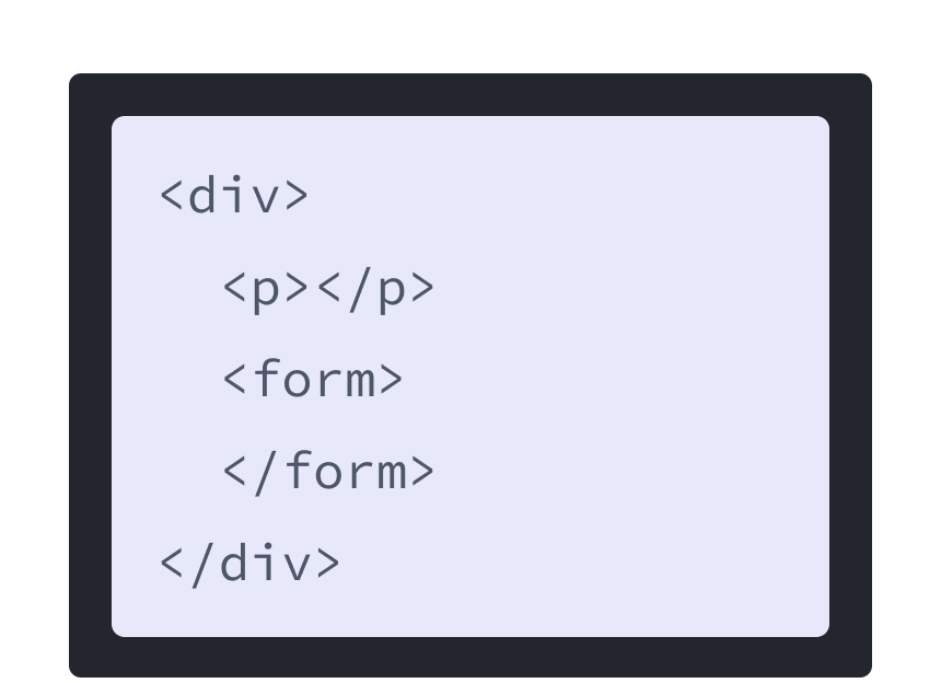 Marcação HTML com fundo roxo e uma div com duas tags filhas: p e form. 
