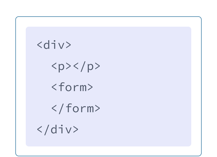 Marcação HTML com fundo roxo e uma div com duas tags filhas: p e form. 